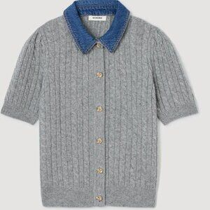 Sandro Gray Cable Knit Sweater with detachable Blue Denim Collar as 0. NWT